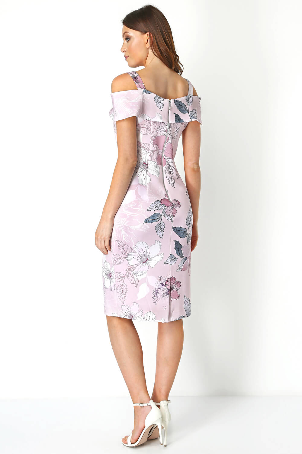 Floral Print Cold Shoulder Dress in Light Pink - Roman Originals UK