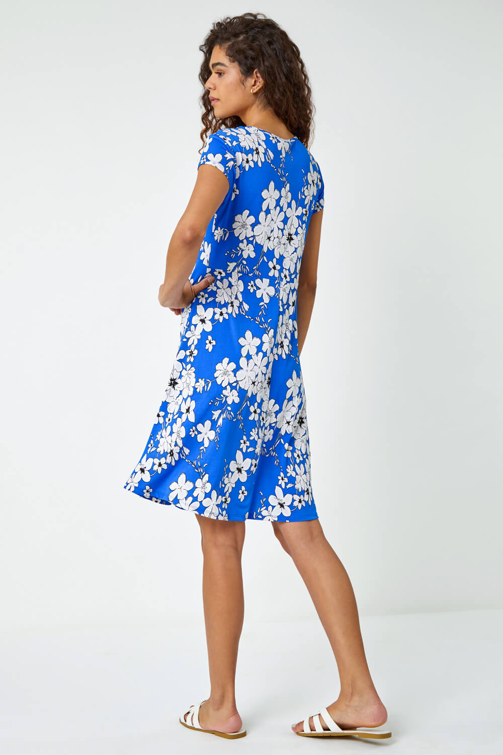 Royal Blue Textured Floral Print Tea Dress, Image 3 of 5