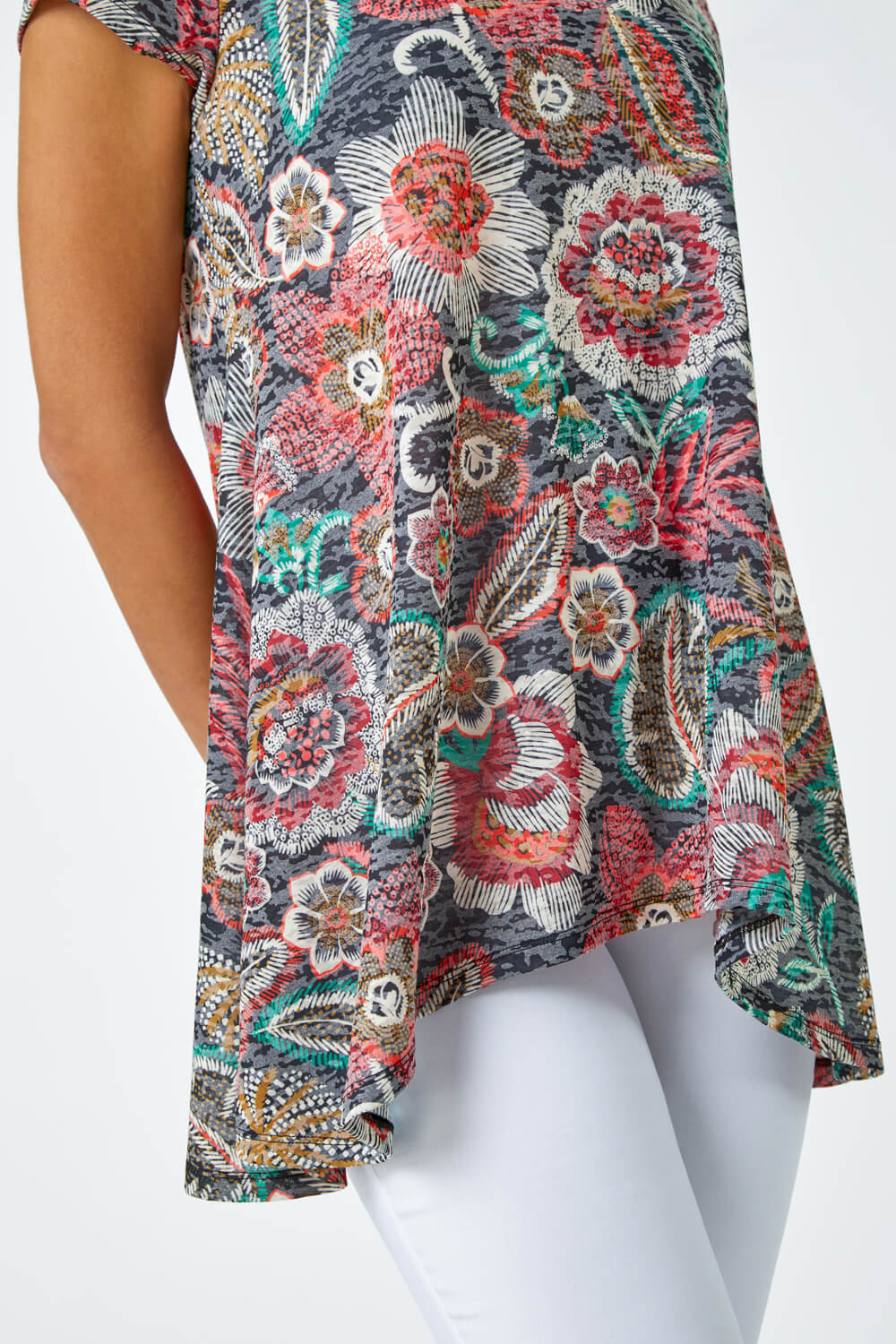 Red Floral Stretch Hanky Hem Tunic Top, Image 5 of 5