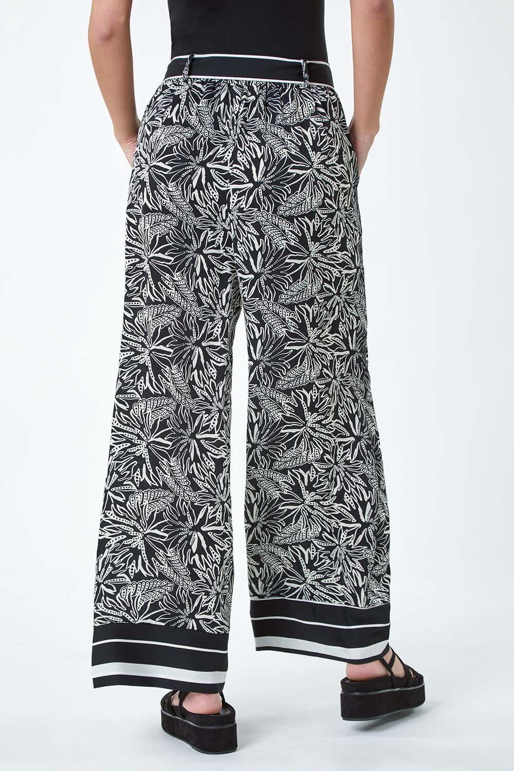 Black Floral Border Print Wide Leg Trouser, Image 3 of 5