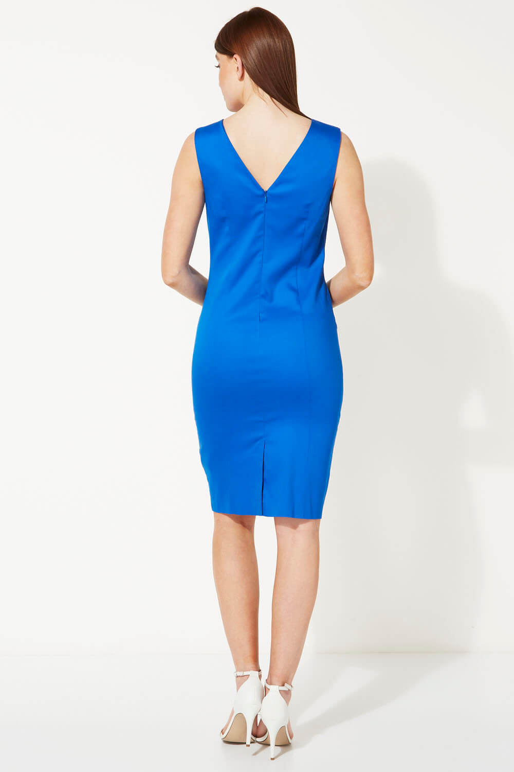 Royal Blue Plain Cotton Sleeveless Shift Dress, Image 3 of 5
