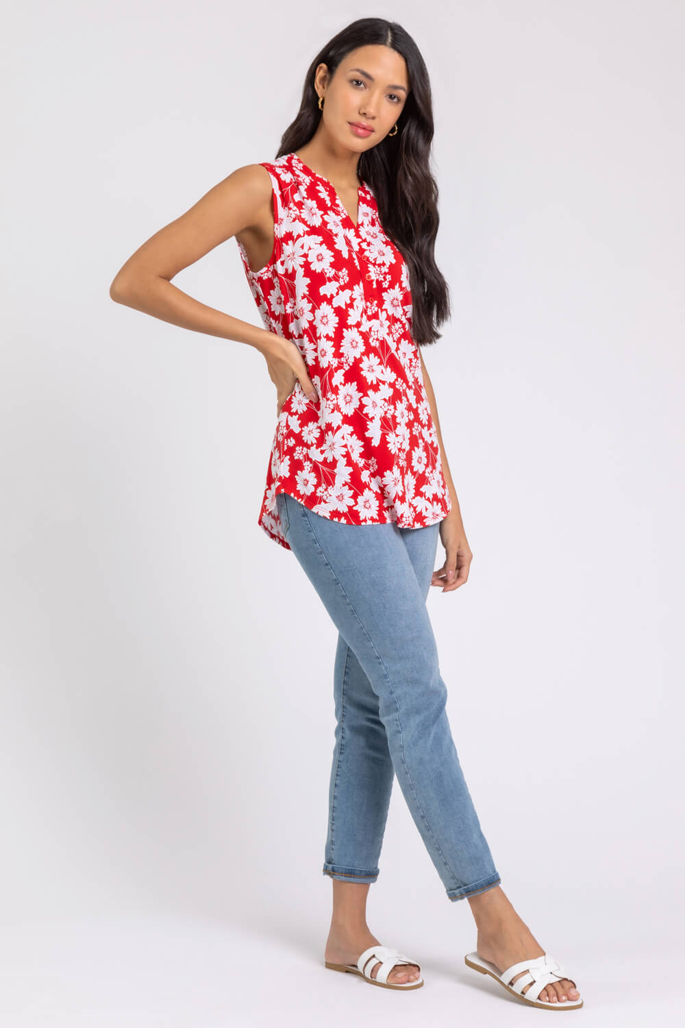 Red Floral Puff Print Notch Neck Top, Image 3 of 4