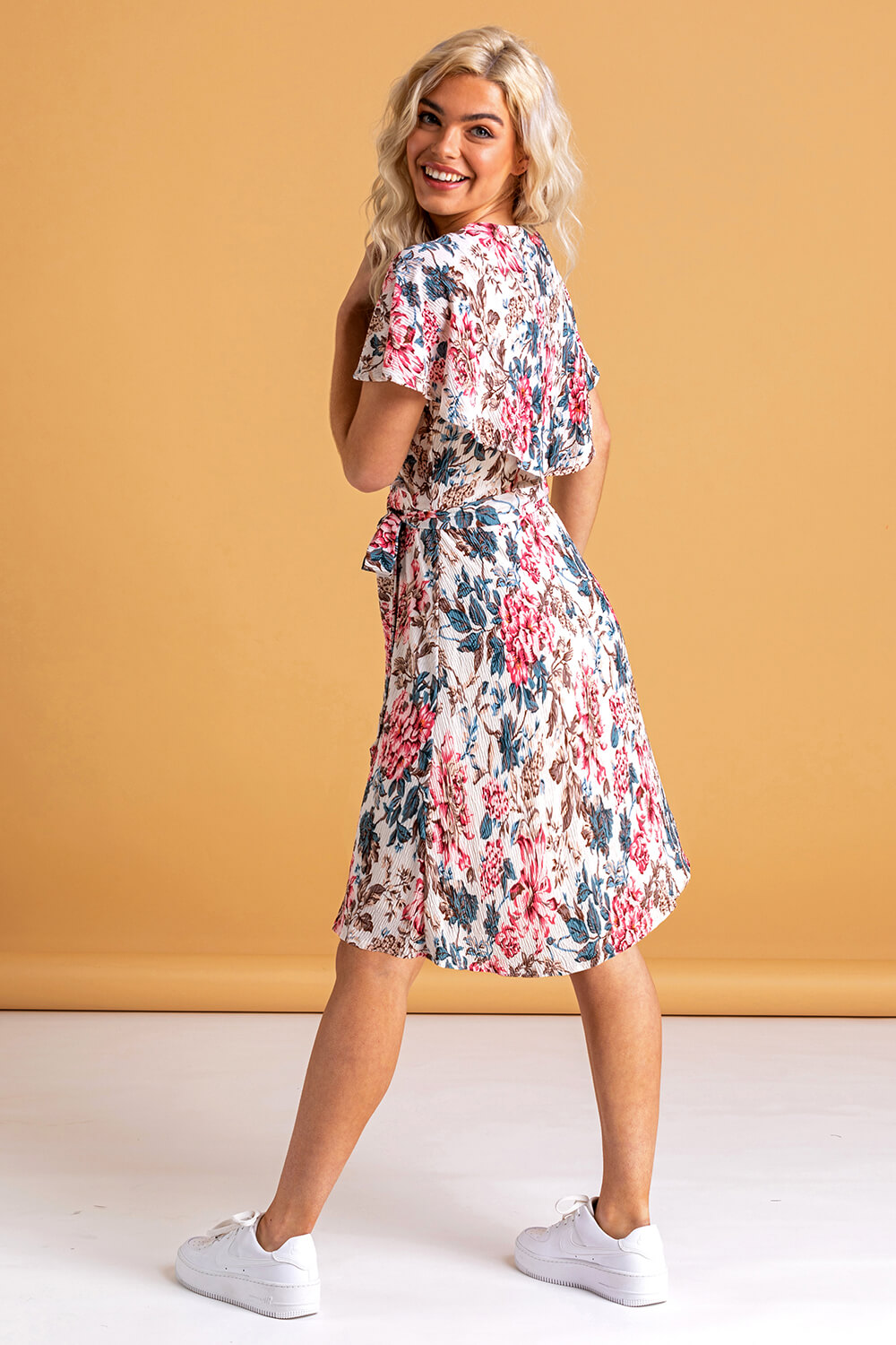 Ivory  Floral Frill Sleeve Belted Dress, Image 2 of 5