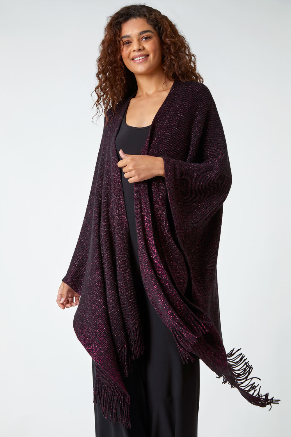  One Size Metallic Knit Cape, Image 2 of 5