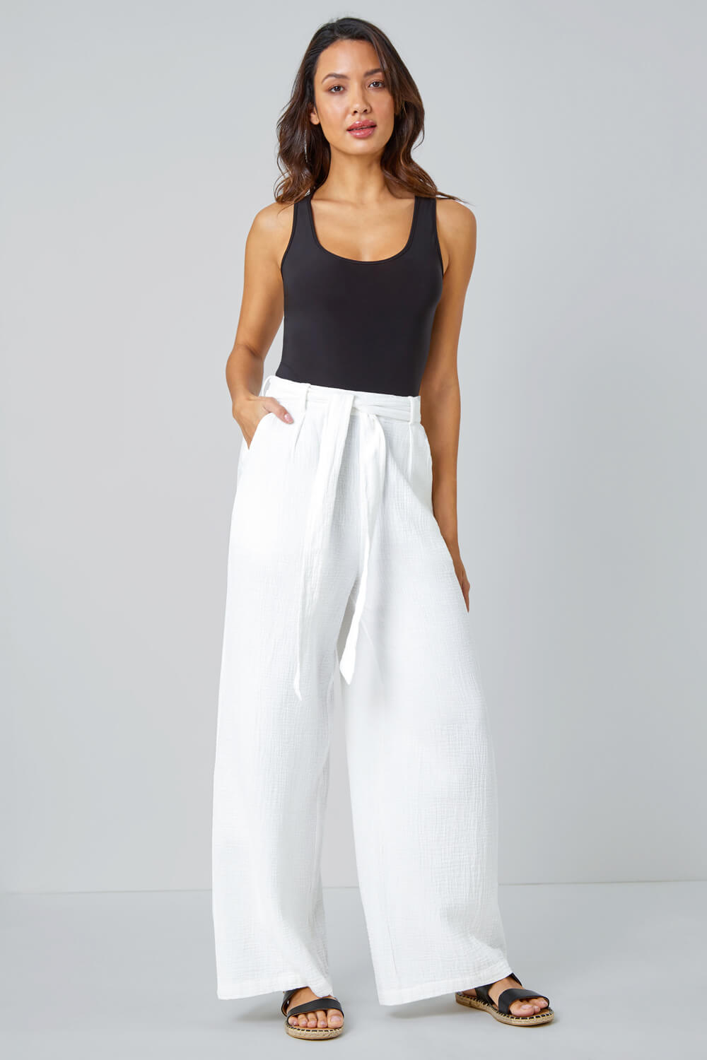 Ivory  Textured Cotton Wide Leg Trousers, Image 2 of 5