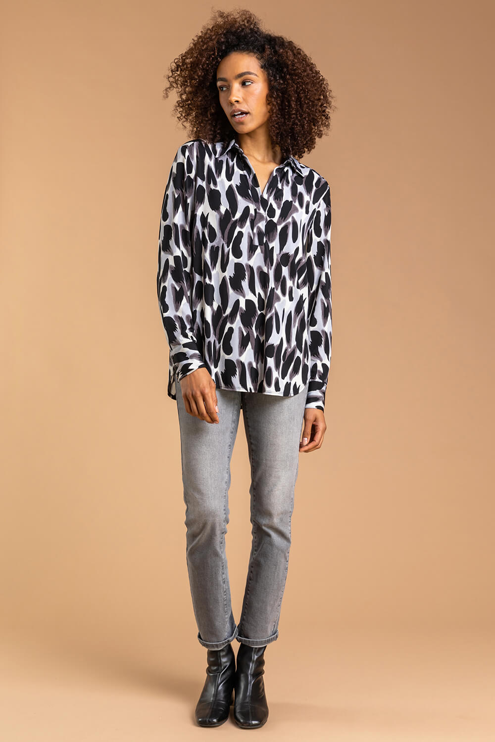 Back  Animal Print Long Sleeve Collared Jersey Blouse, Image 3 of 4