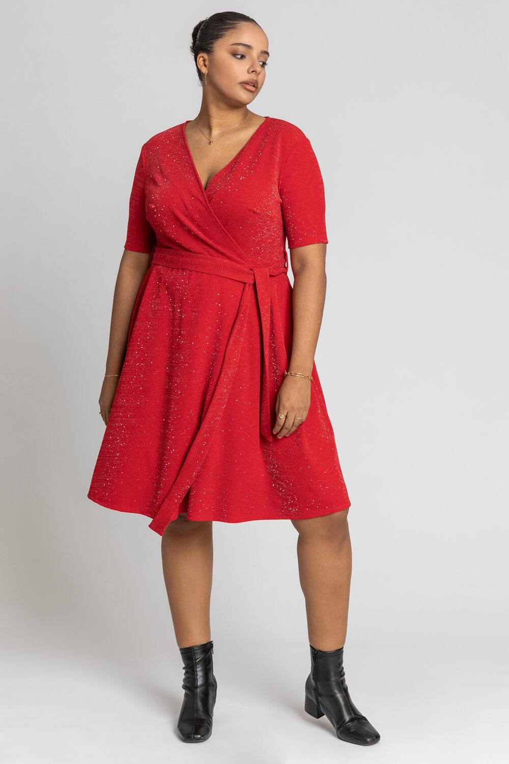 Red Curve Shimmer Wrap Dress, Image 3 of 4