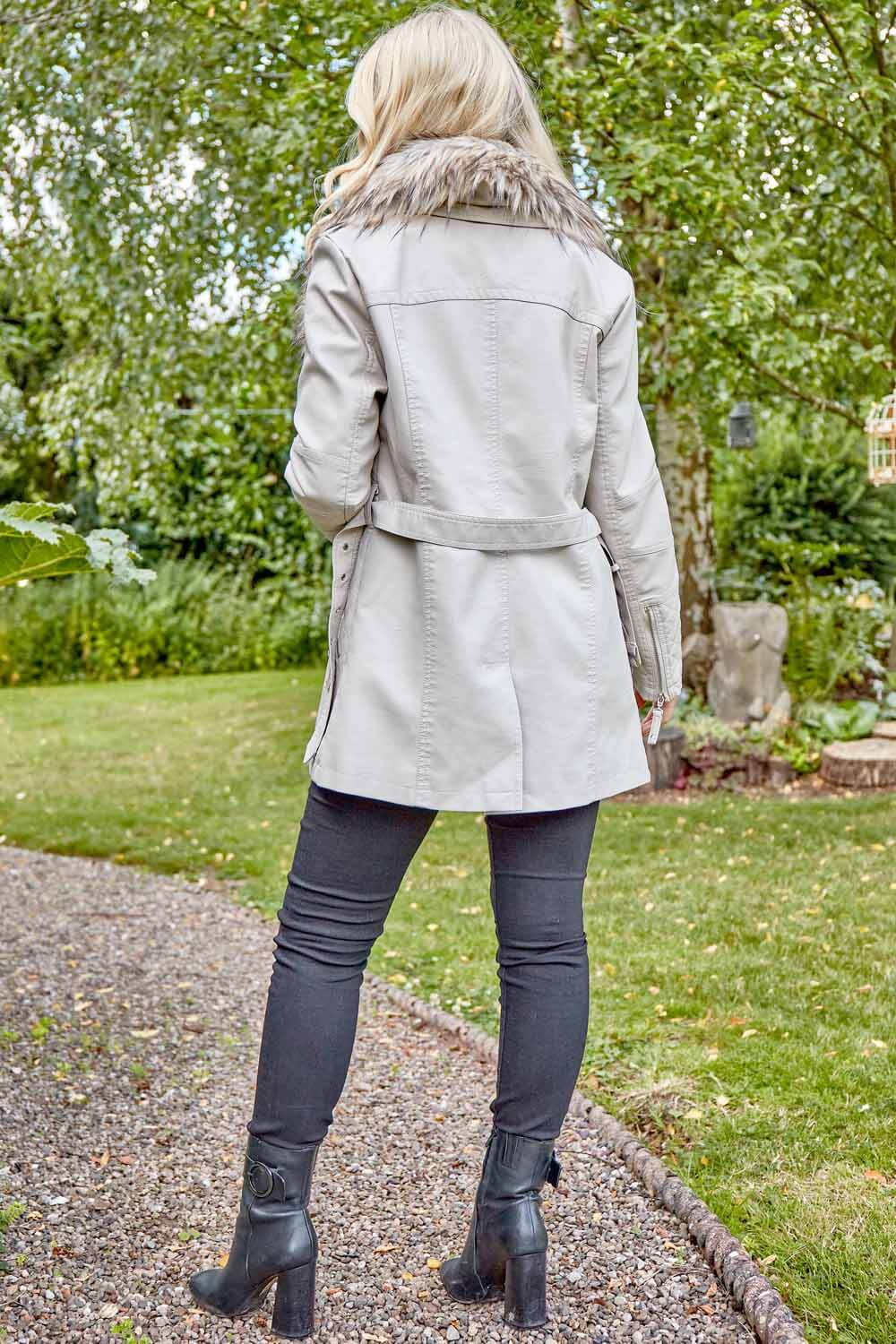 Ivory  Longline Faux Leather Belted Coat, Image 2 of 4
