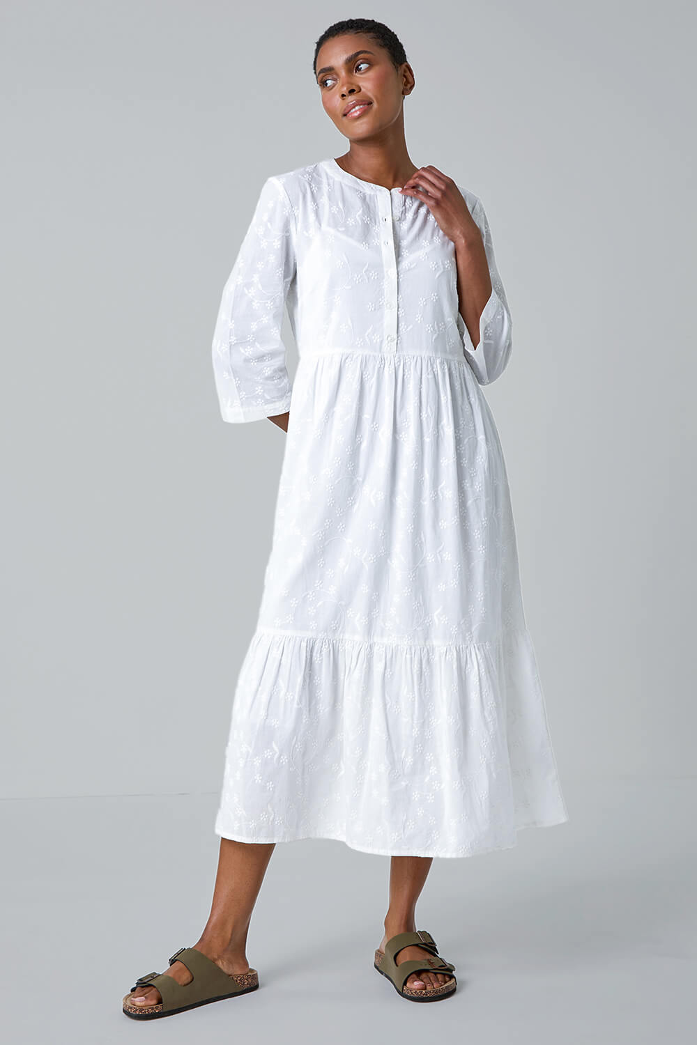 White Embroidered Tiered Cotton Midi Dress, Image 3 of 6