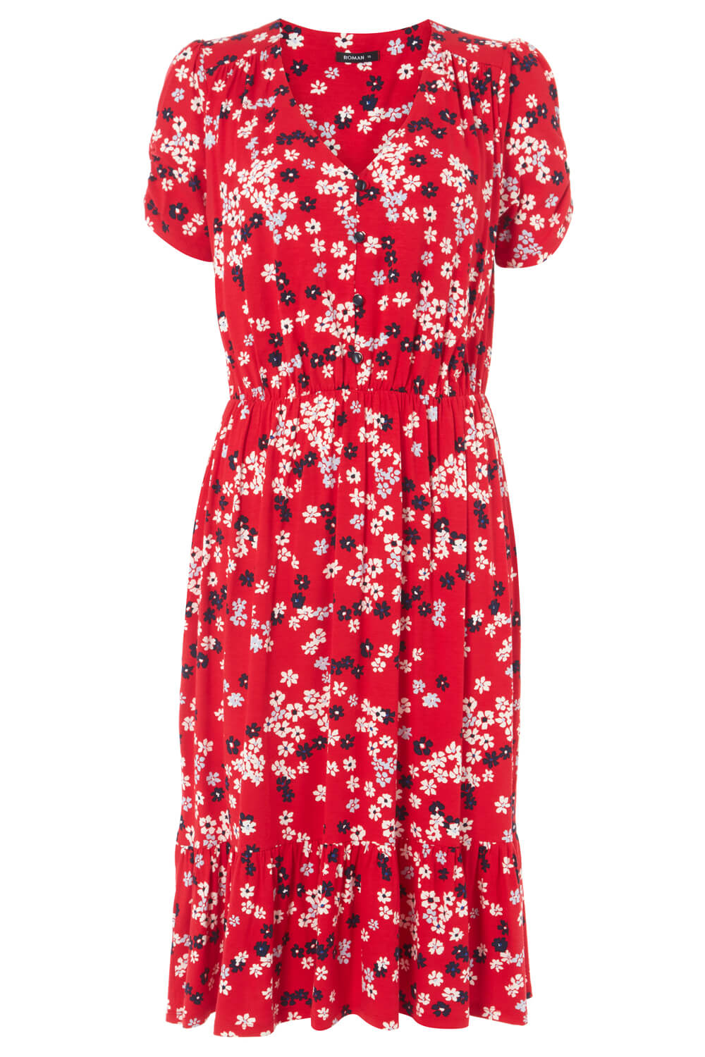 Red Floral Print Tiered Midi Dress , Image 5 of 5
