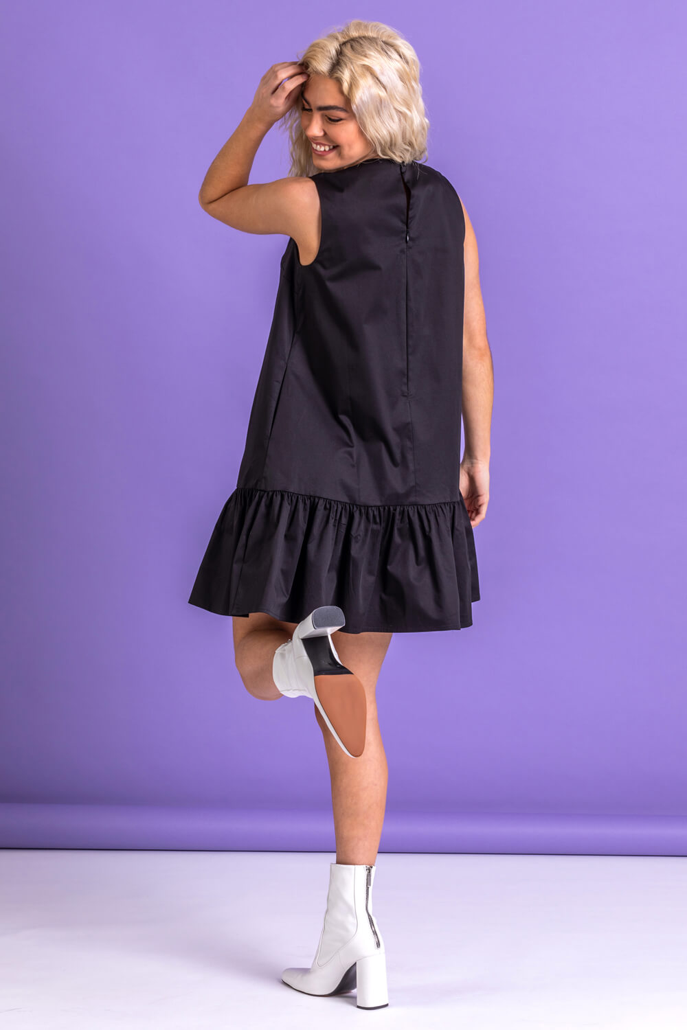 Black Cotton Sateen Tiered Frill Dress, Image 2 of 5