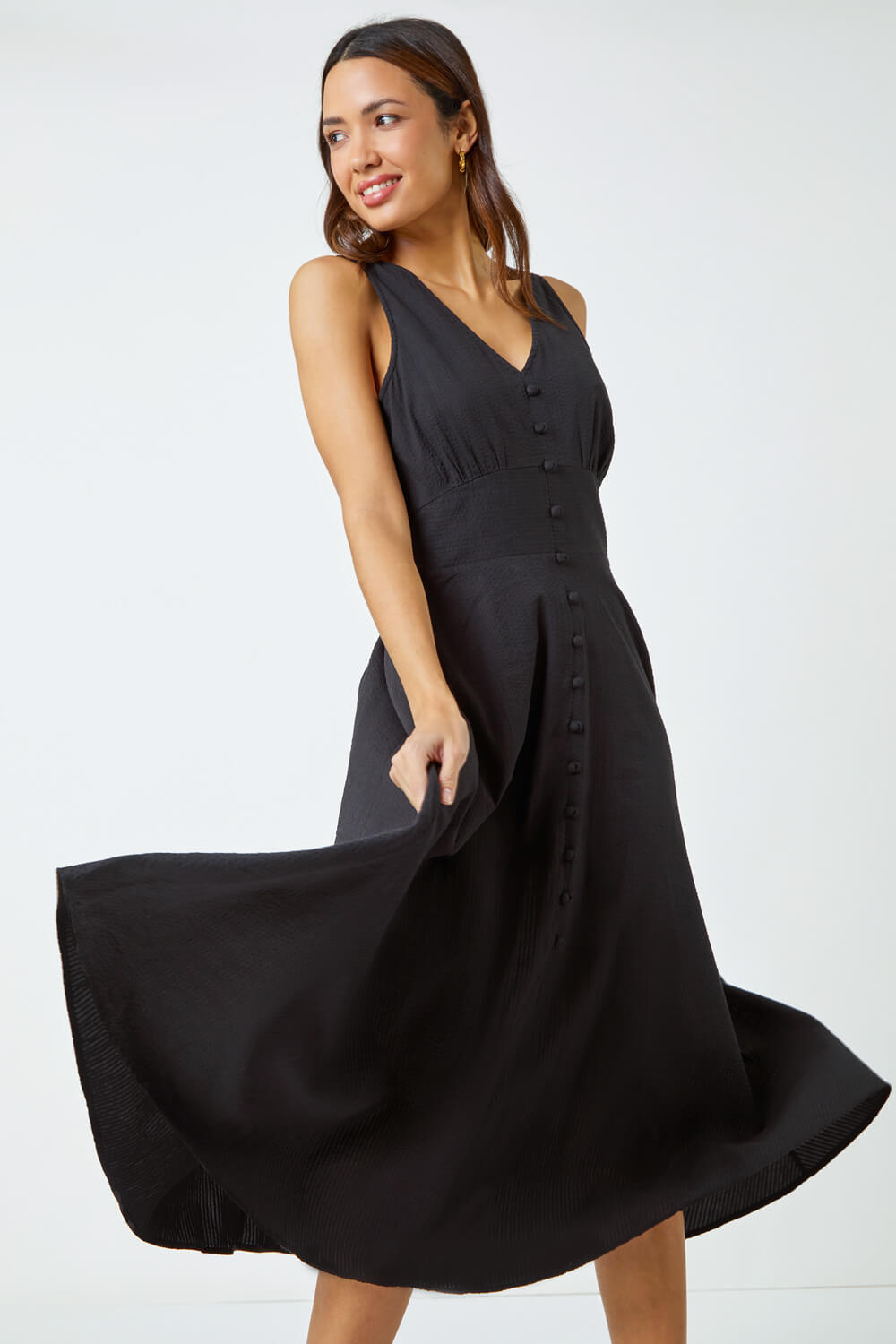Black Sleeveless Button Detail Cotton Midi Dress, Image 4 of 5