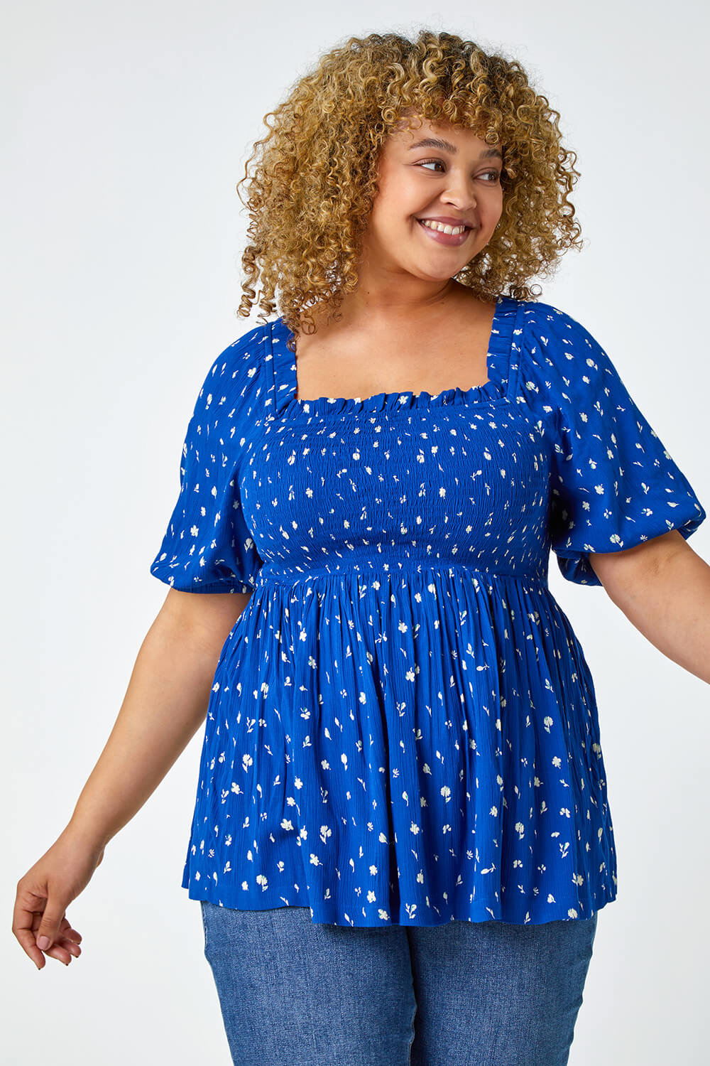 Blue Curve Ditsy Floral Shirred Stretch Top, Image 2 of 5