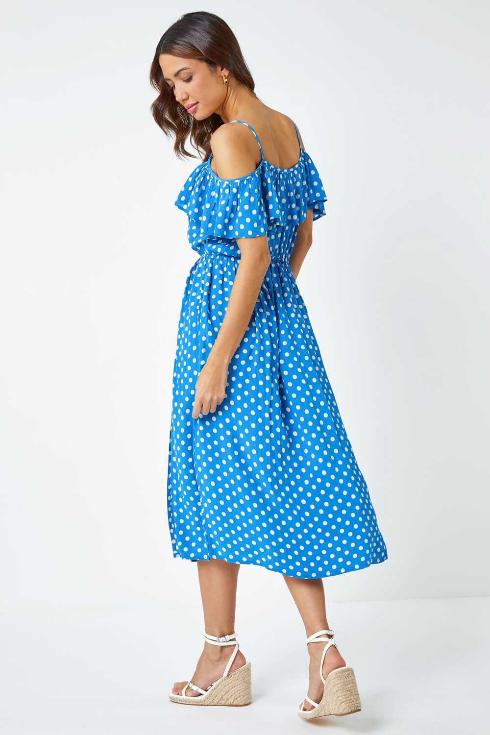 Light Blue  Cold Shoulder Polka Dot Midi Dress, Image 3 of 5