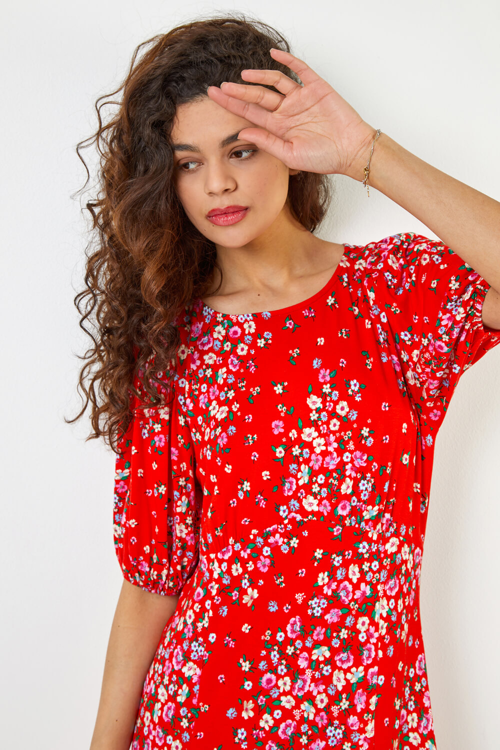 Red Floral Print Empire Midi Dress, Image 4 of 5