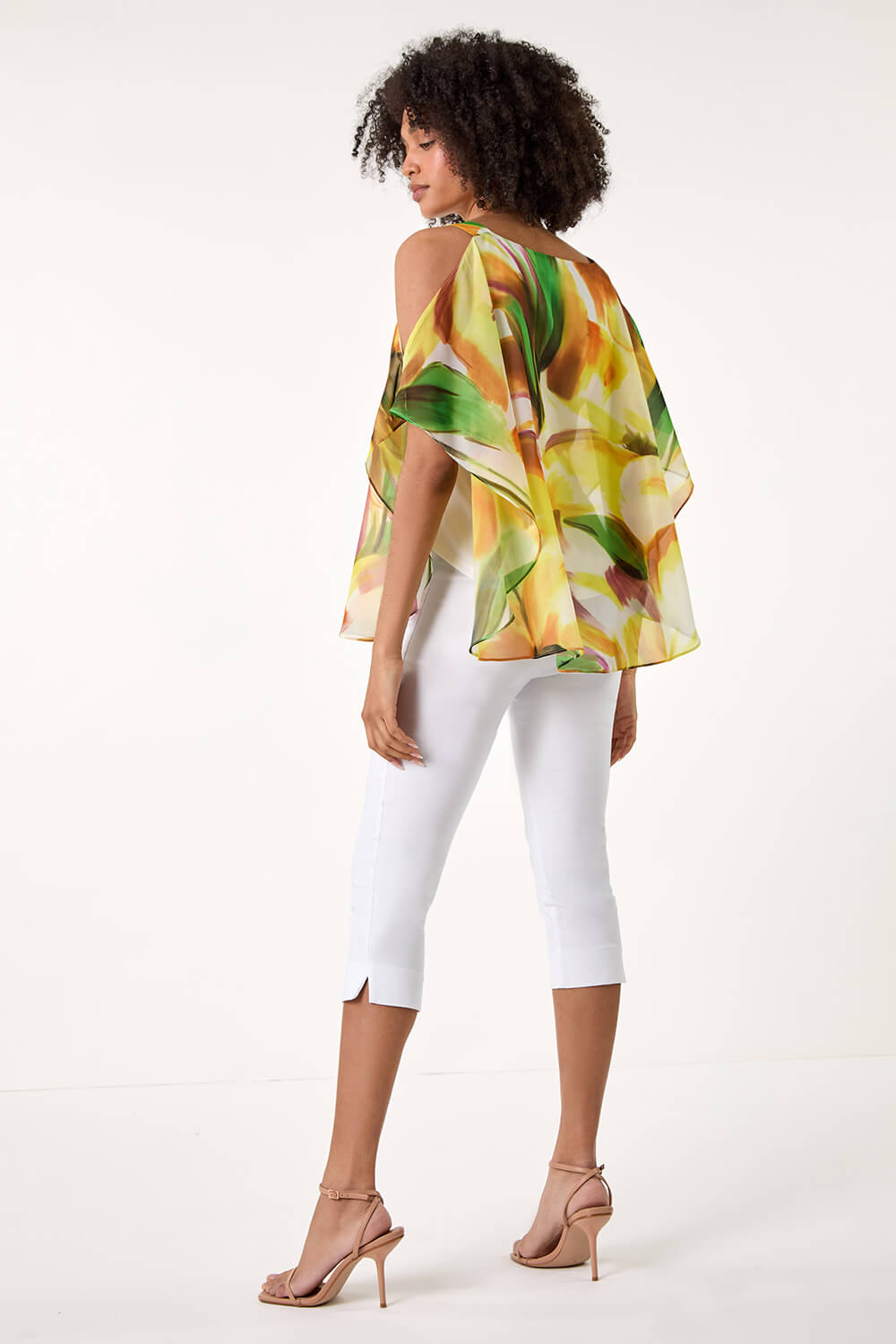 Yellow Abstract Print Cold Shoulder Overlay Top, Image 3 of 5