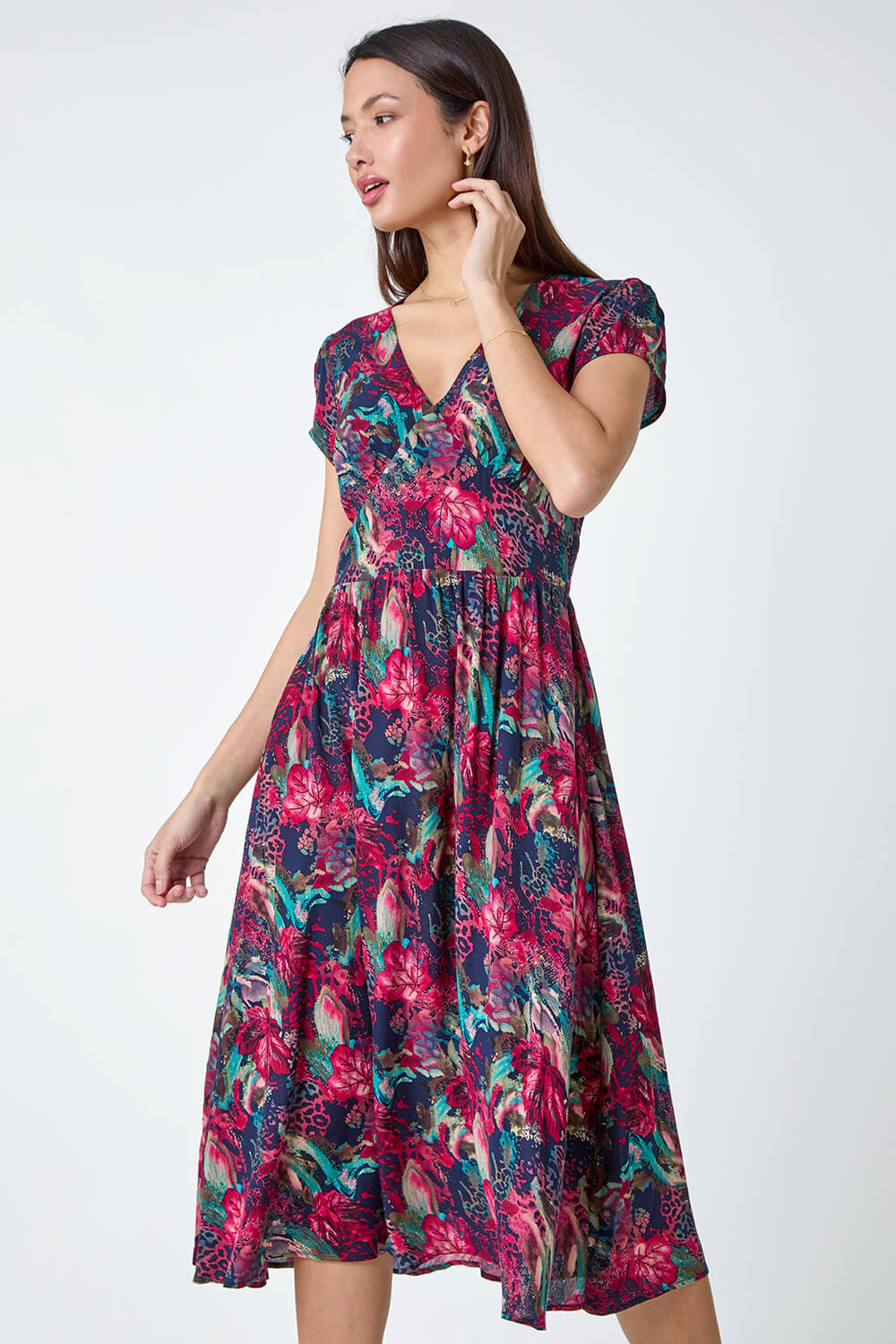 Wine Floral Print Shirred Midi Dress, Image 2 of 5