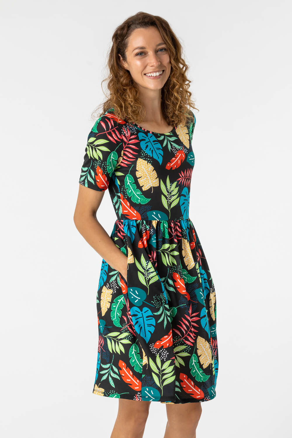 Green Tropical Print Pocket Detail Dress, Image 3 of 5