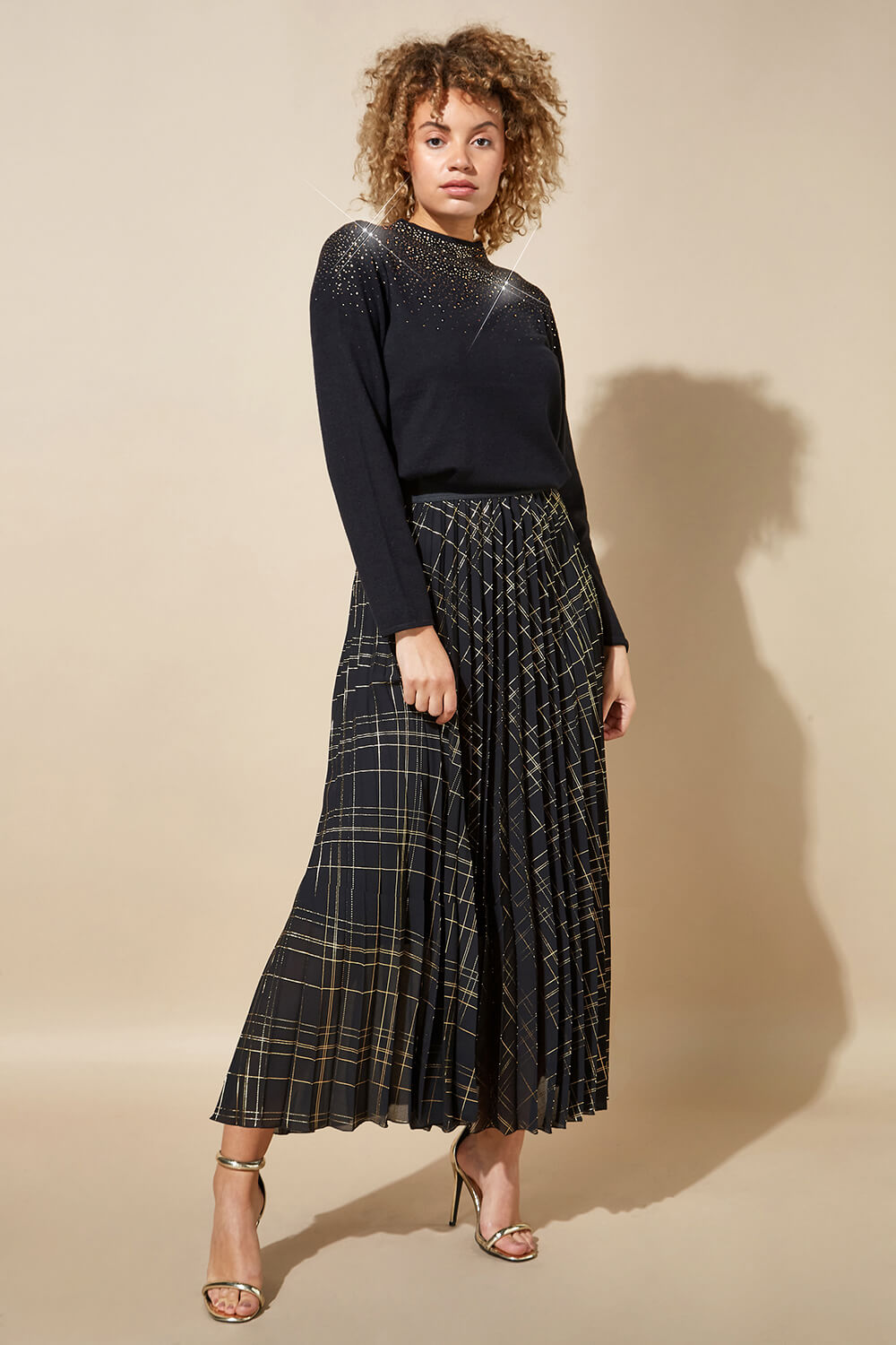 Metallic Check Print Pleated Maxi Skirt in Black - Roman Originals UK