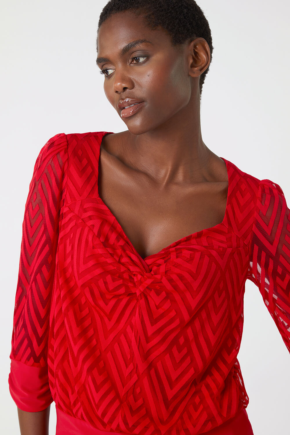 Red Chevron Twist Front Blouson Stretch Top, Image 4 of 5