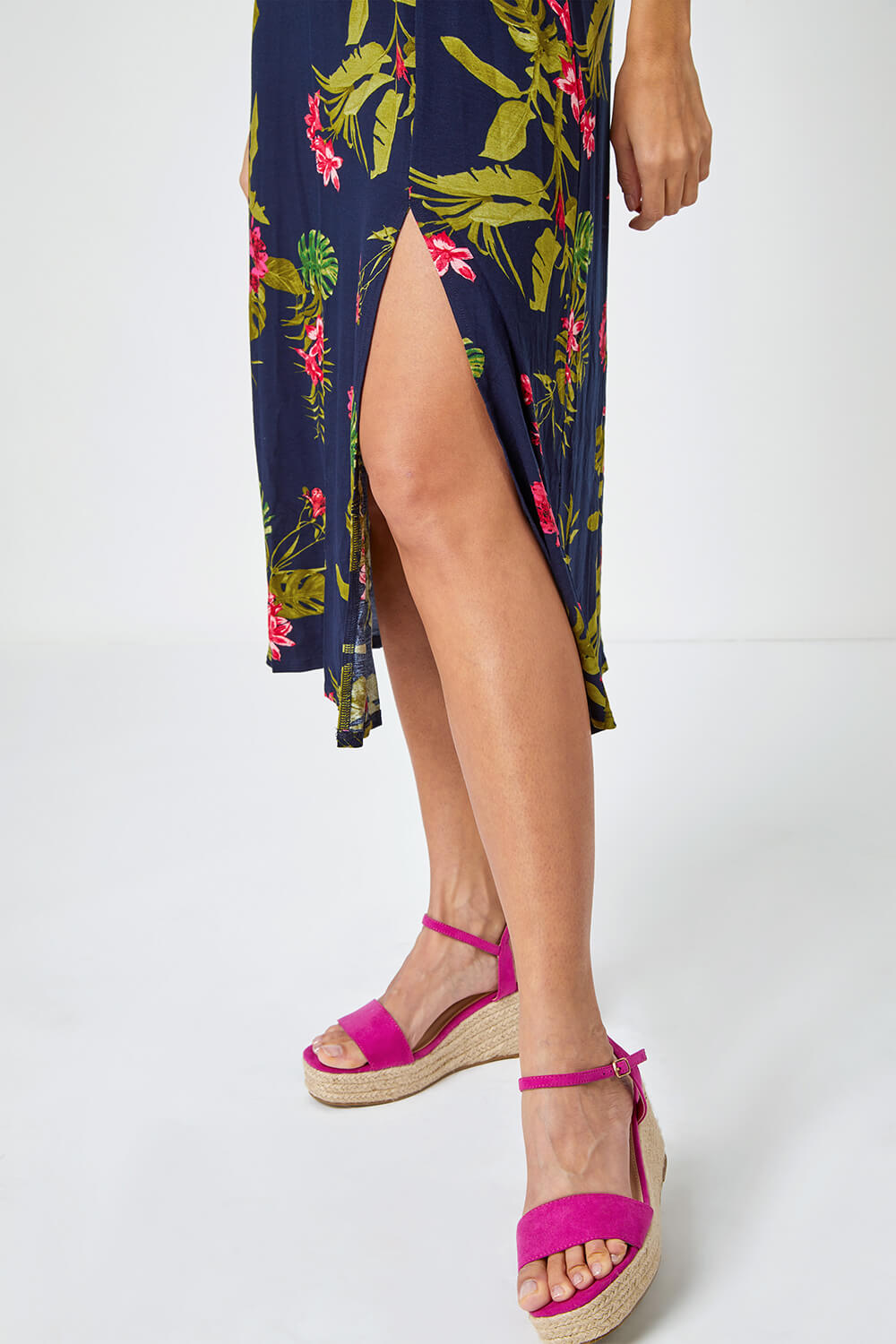 PINK Tropical Print Stretch Midi Dress, Image 5 of 5