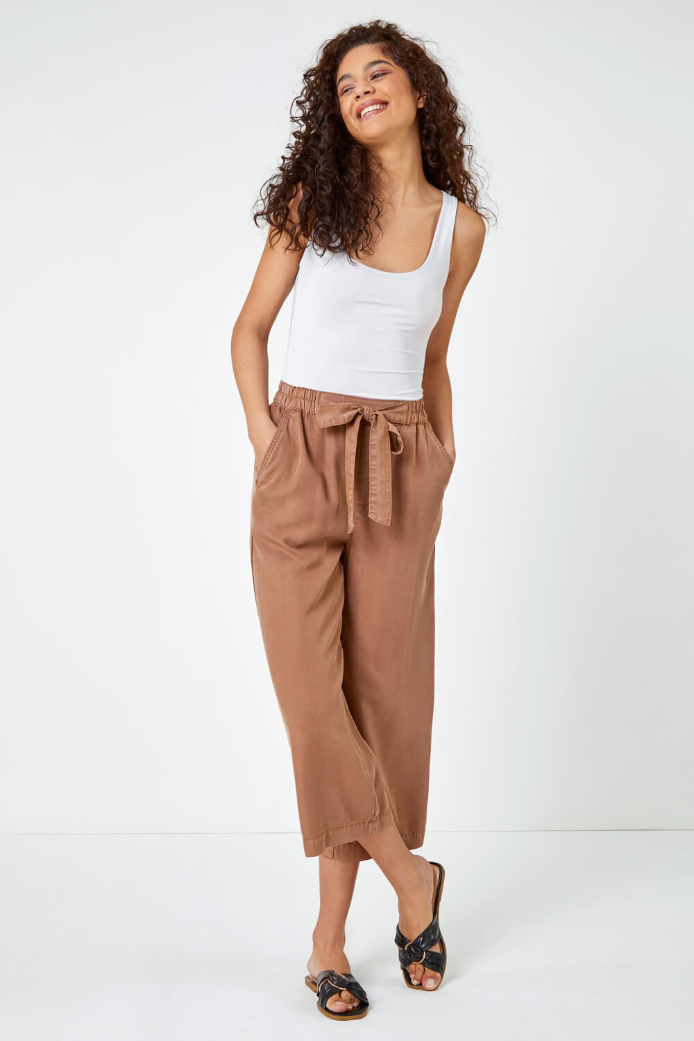Tan Tie Detail Stretch Waist Culottes, Image 2 of 5