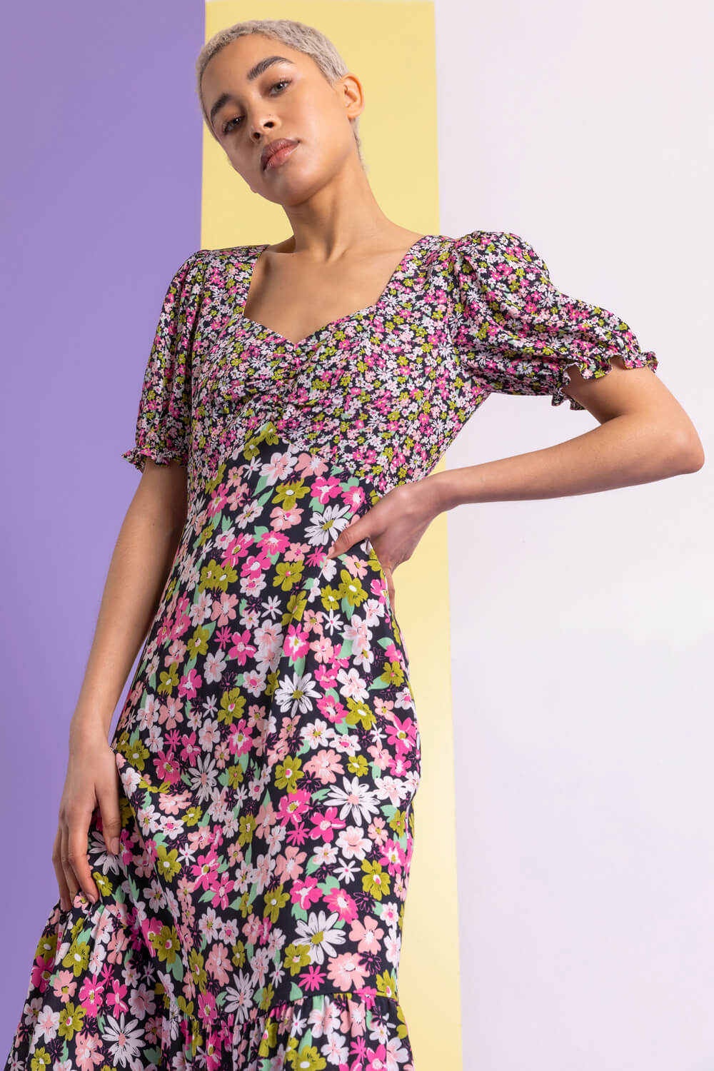 Pink Contrast Floral Print Tea Dress | Roman UK