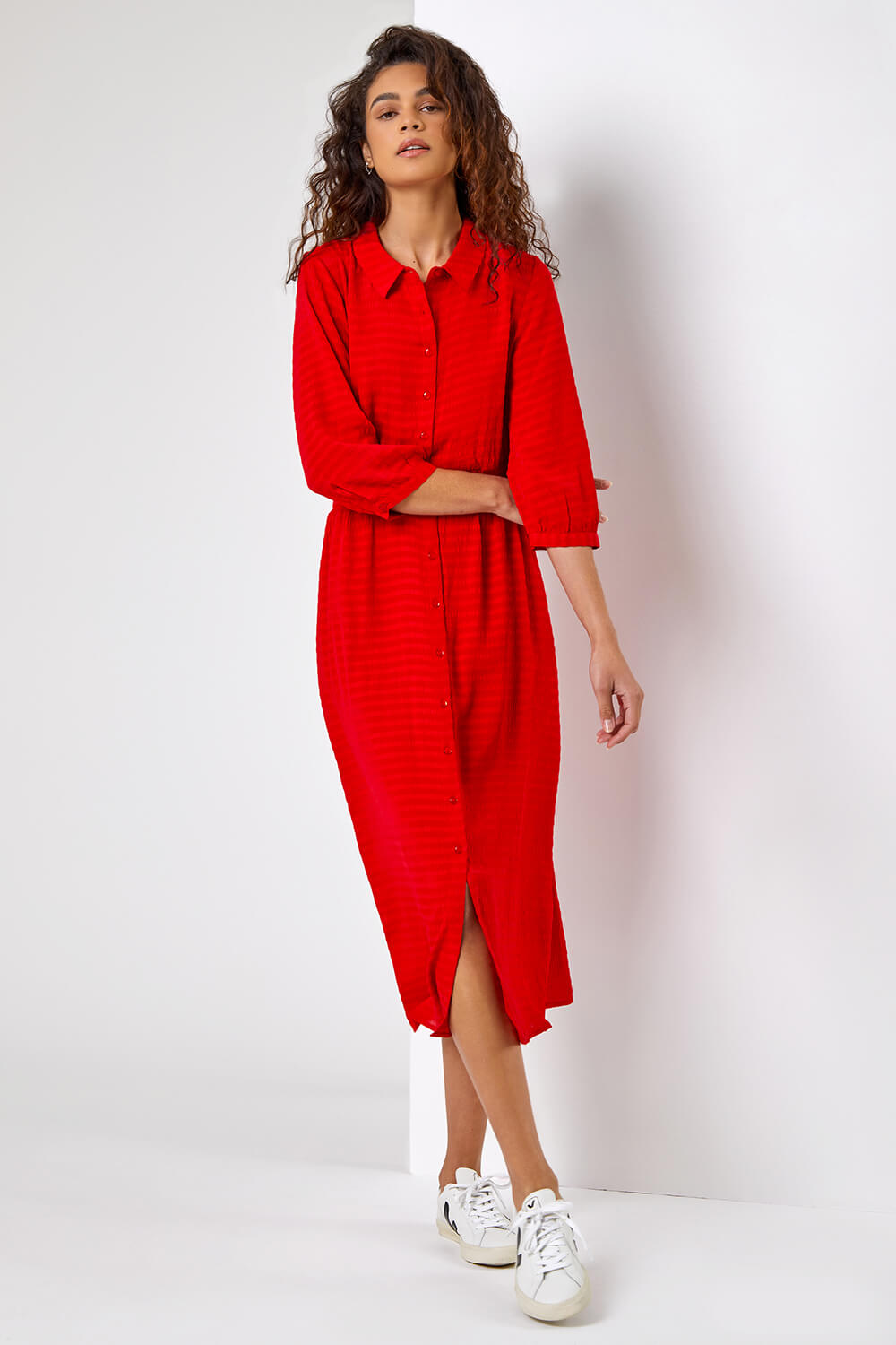 Red Textured Midi Shirt Dress, Image 3 of 5