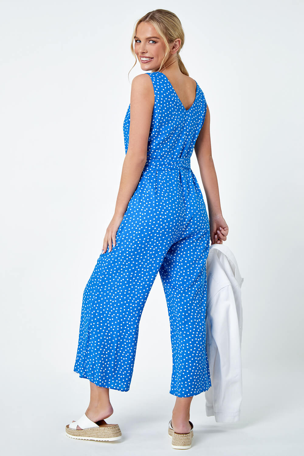 Blue Petite Sleeveless Polka Dot Jumpsuit, Image 3 of 5