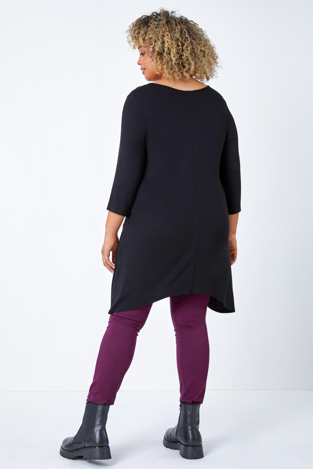 Black Curve Pocket Detail Stretch Tunic Top, Image 3 of 5