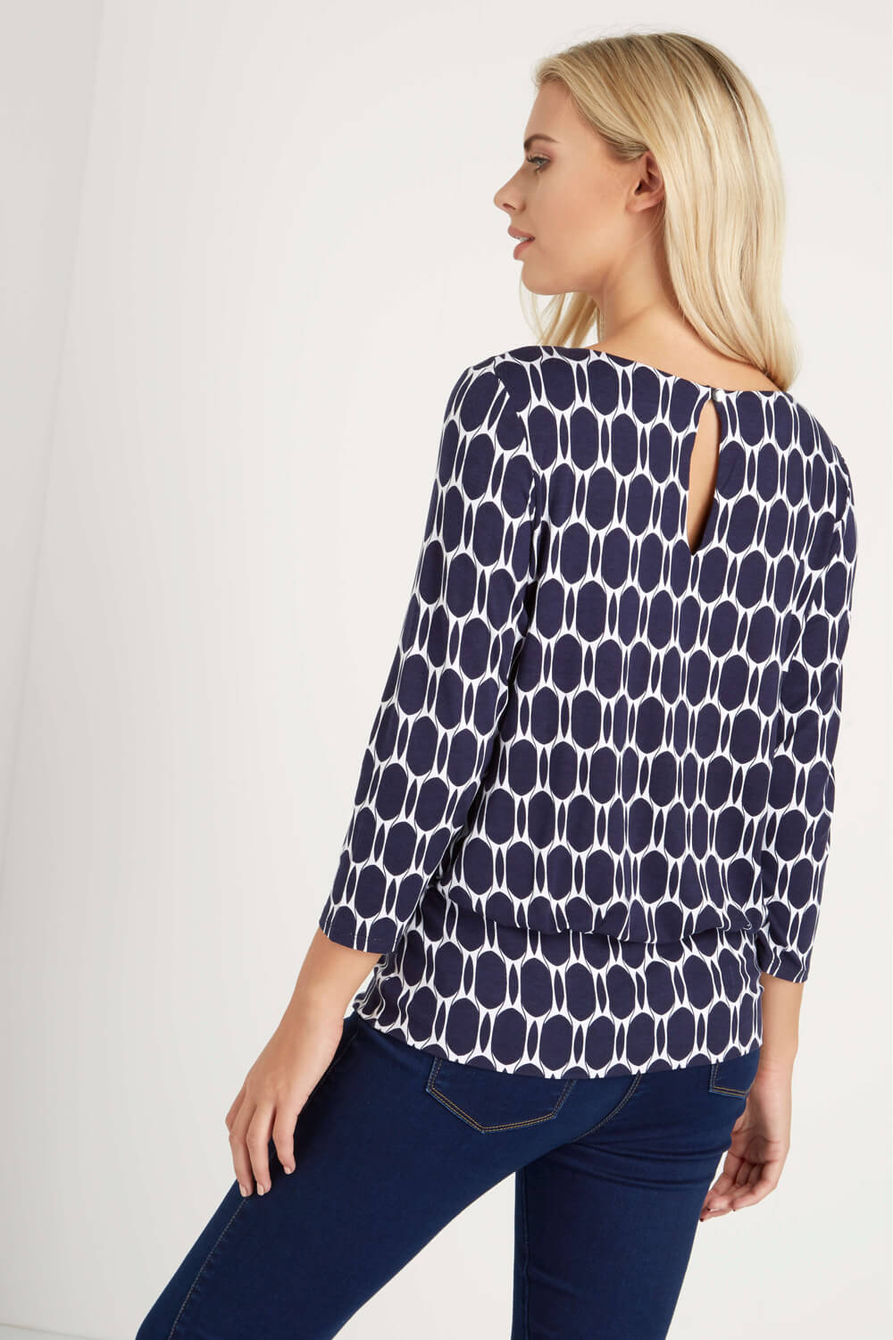 Spot Print 3/4 Sleeves Half Moon Top in Navy - Roman Originals UK