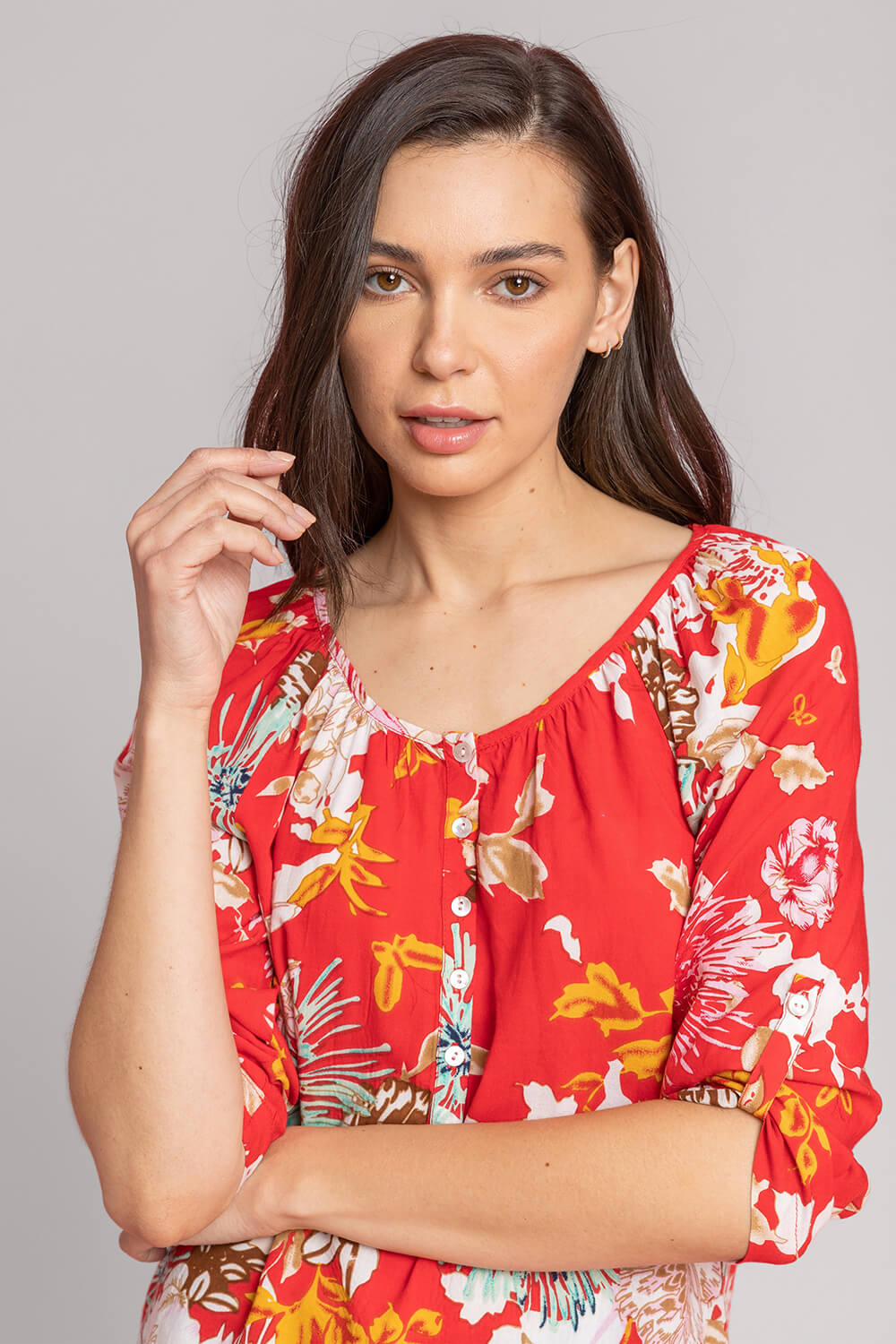 Red Bold Floral Print Button Top, Image 4 of 4