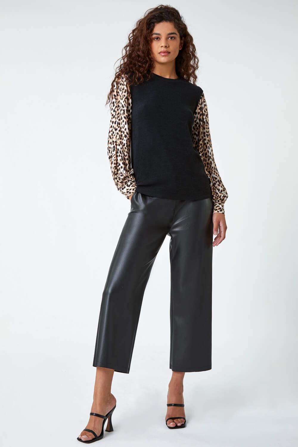 Black Animal Contrast Sleeve Stretch Top, Image 2 of 5