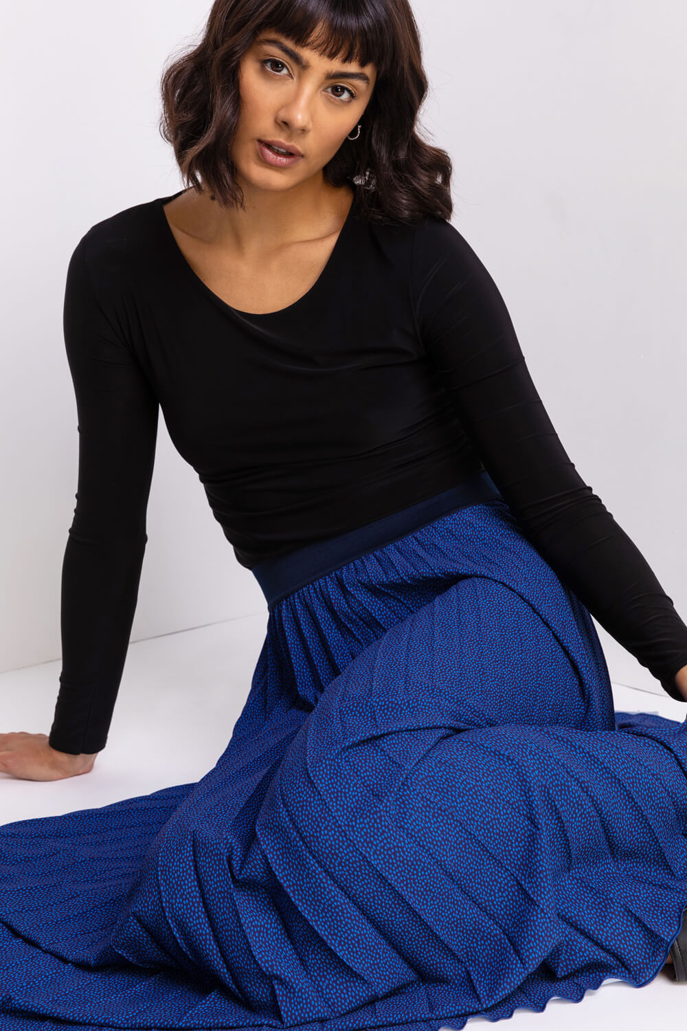 Midnight Blue Ditsy Spot Pleated Maxi Skirt, Image 4 of 5