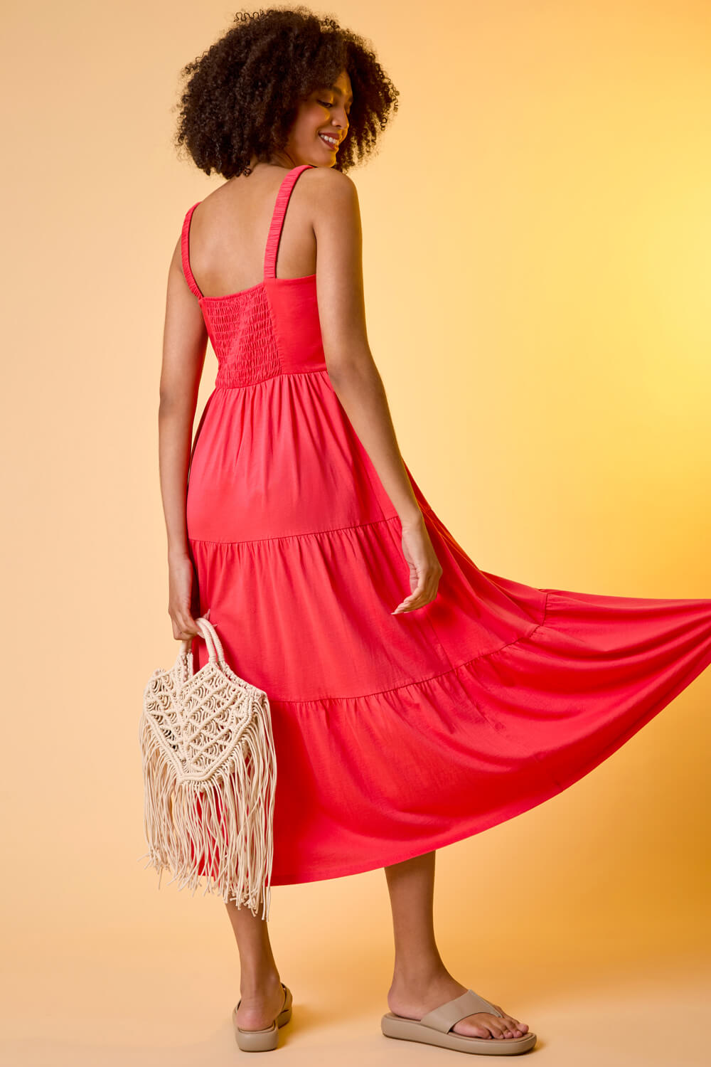 CORAL Cotton Strappy Tiered Midi Dress, Image 6 of 7