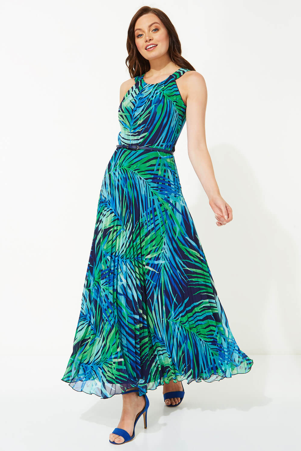 Palm Print Pleated Maxi Dress