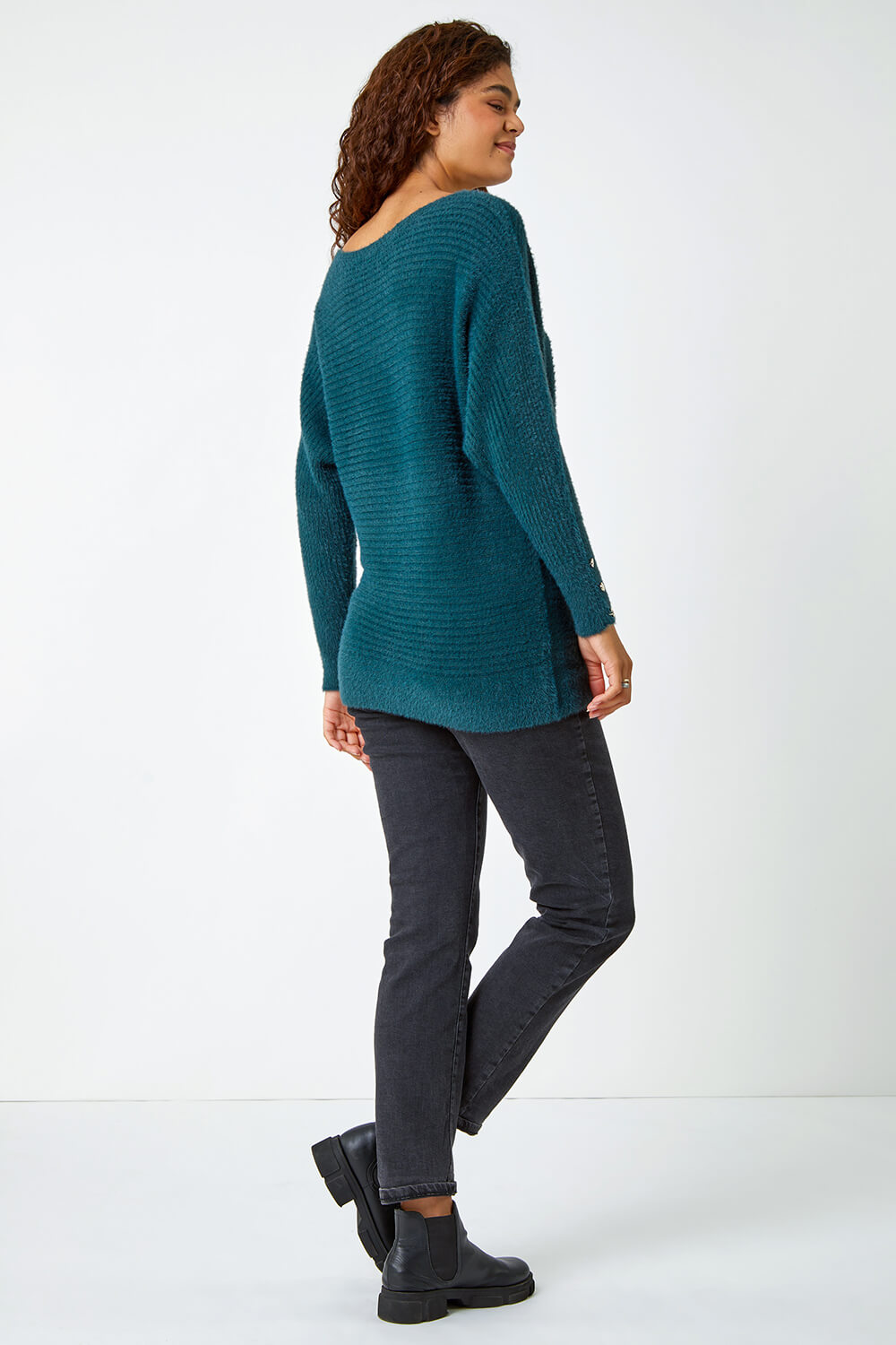 Green Button Sleeve Fluffy Longline Jumper , Image 3 of 5