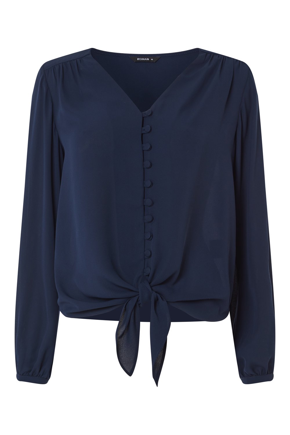 Navy Blue  Button Tie Front Blouse, Image 4 of 8