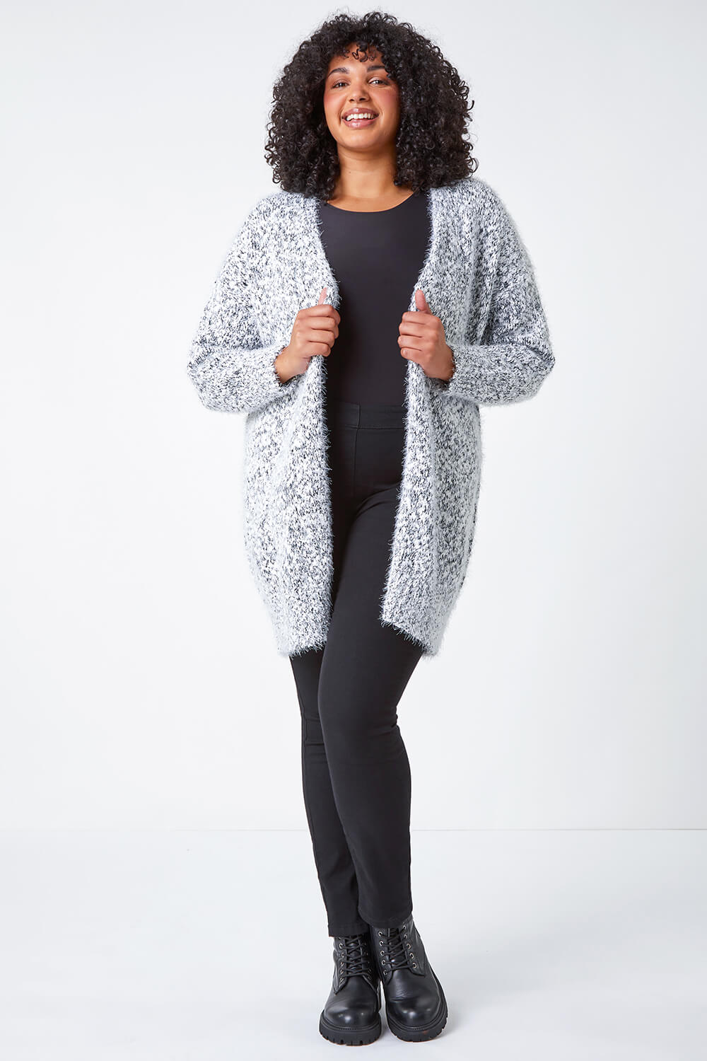 Grey Curve Fluffy Textured Cardigan, Image 2 of 7