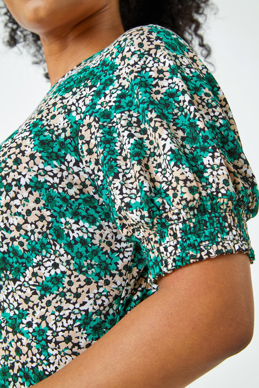 Green Petite Shirred Sleeve Floral Dress, Image 5 of 5