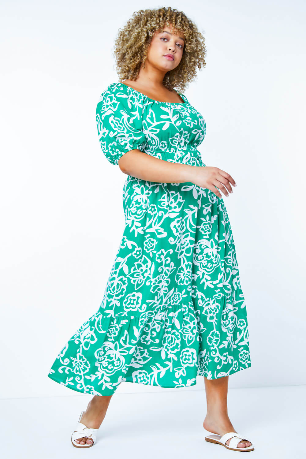 Green Curve Stretch Waist Midi Dress, Image 2 of 5