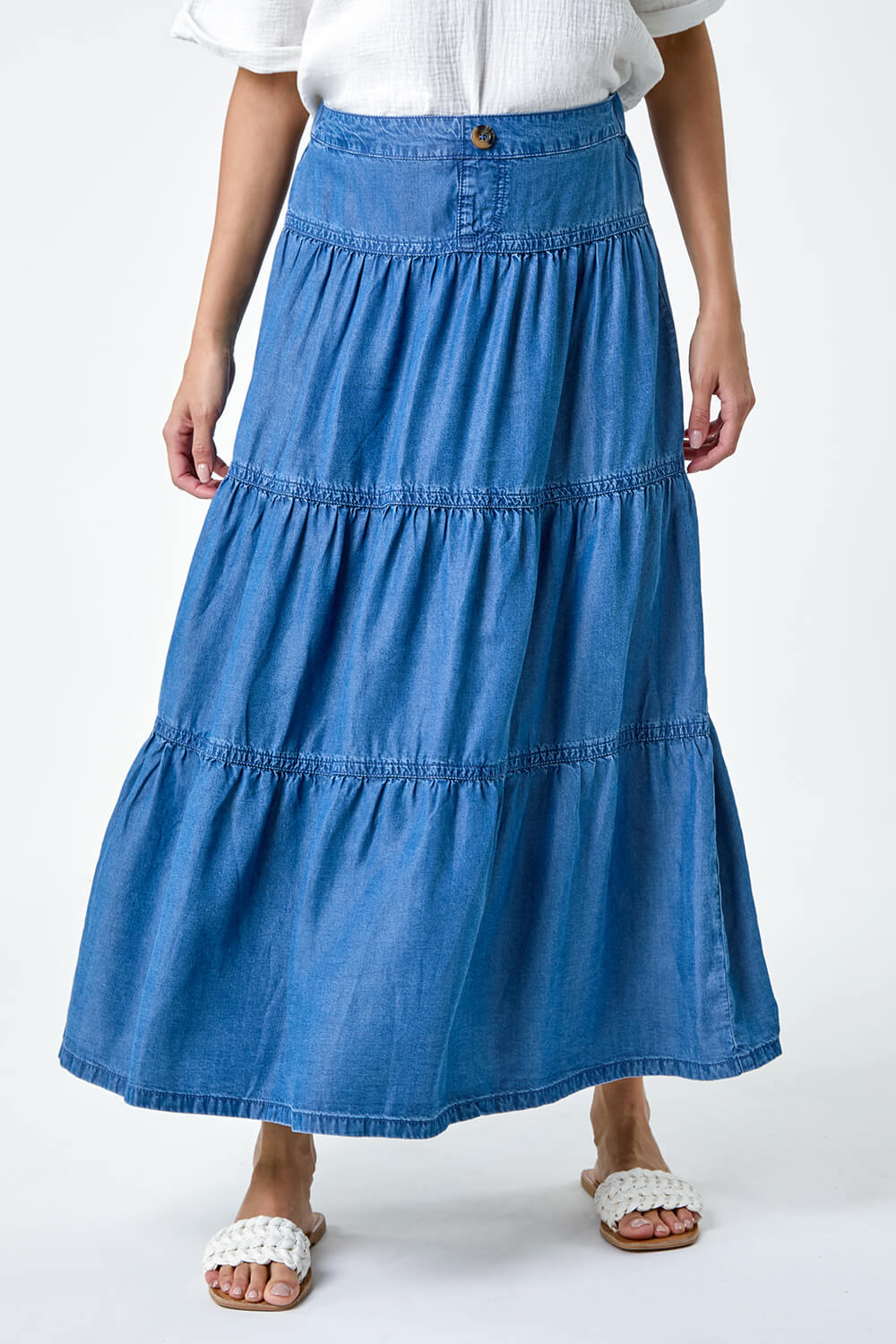 Dark Blue Denim Wash Tiered Maxi Skirt, Image 4 of 5