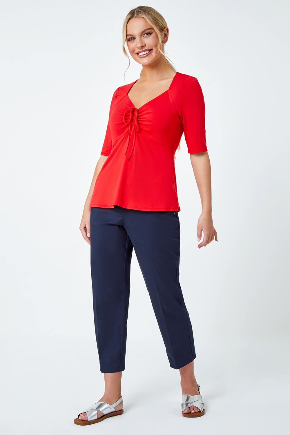 Red Petite Ruched Ribbed Stretch Top, Image 4 of 6