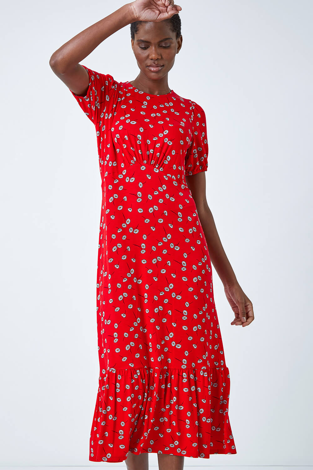 Red Ditsy Floral Print Midi Dress, Image 2 of 5