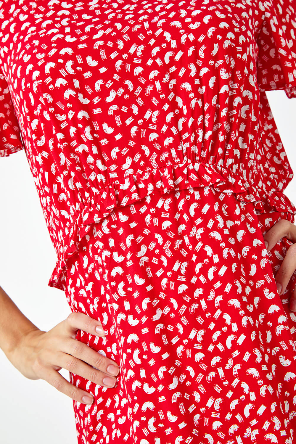Red Ditsy Print Frill Waist Midi Dress, Image 5 of 5