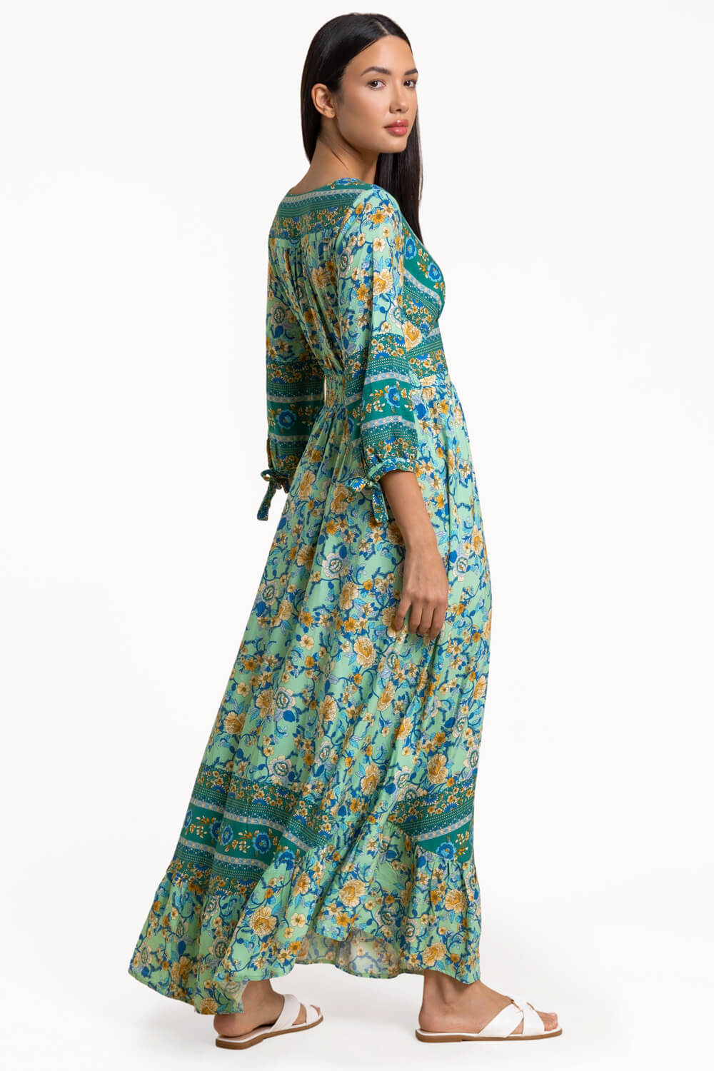Pea Green Floral Border Print Wrap Maxi Dress, Image 2 of 4