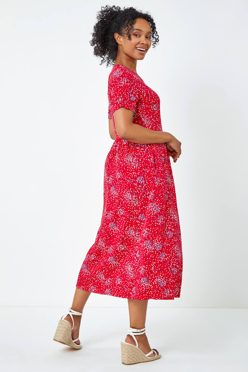 Red Petite Floral Print Midi Dress, Image 3 of 5