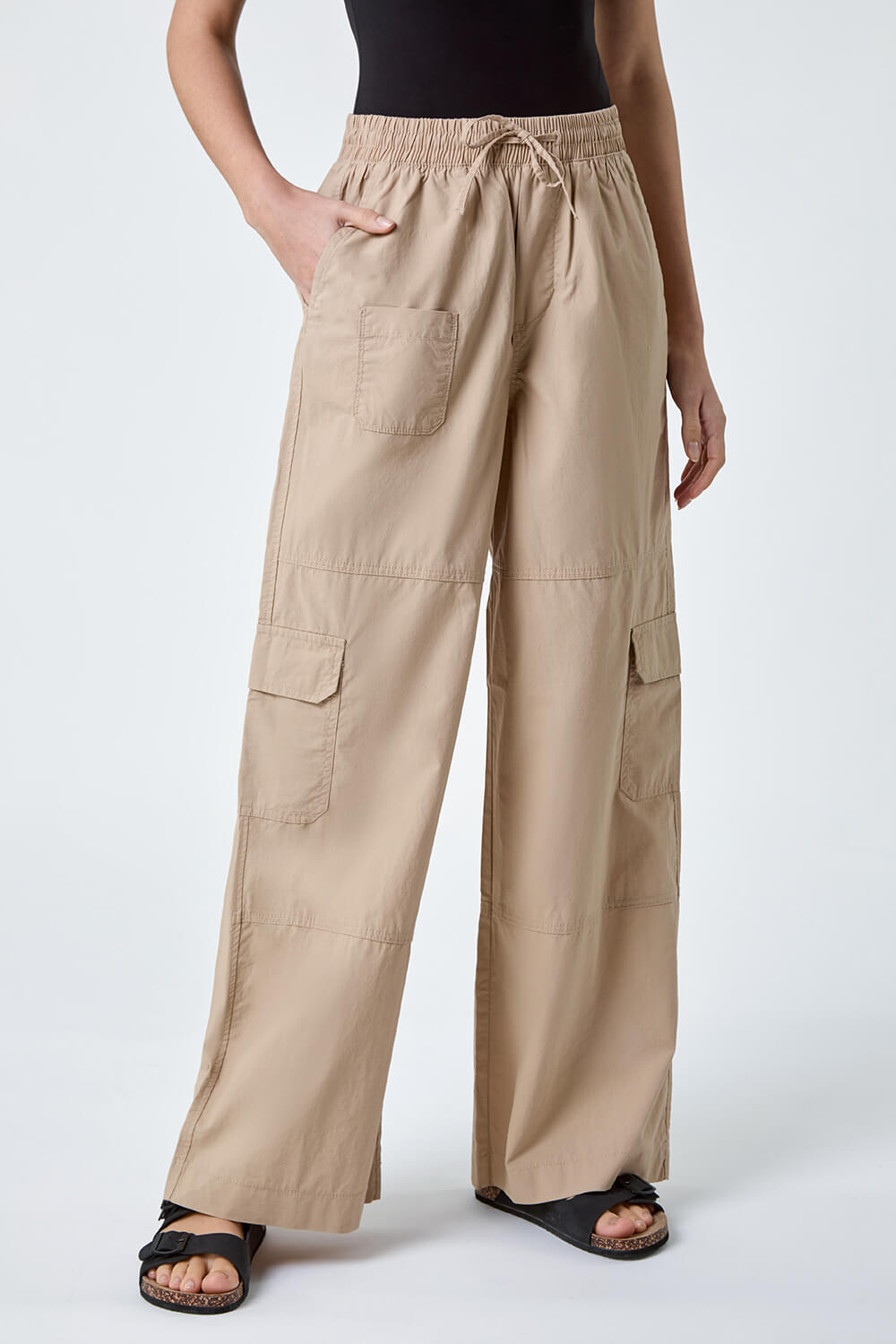 Natural  Cotton Wide Leg Cargo Trousers, Image 4 of 7