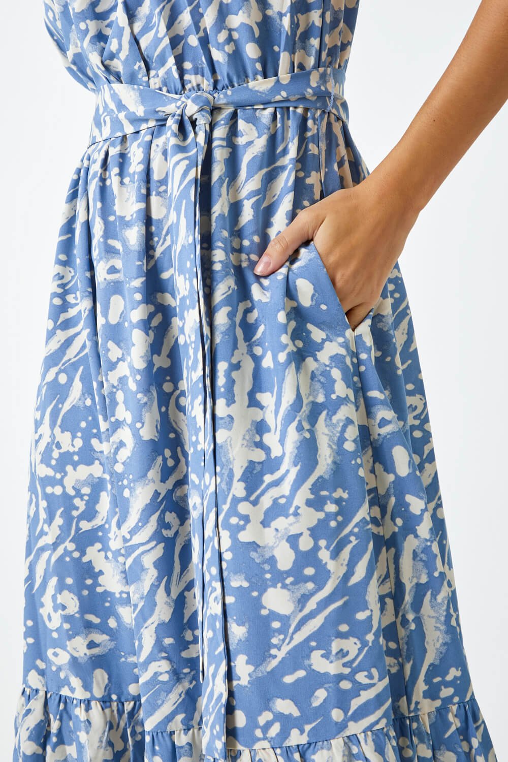 Blue Abstract Print Belted Midi Dress, Image 5 of 5