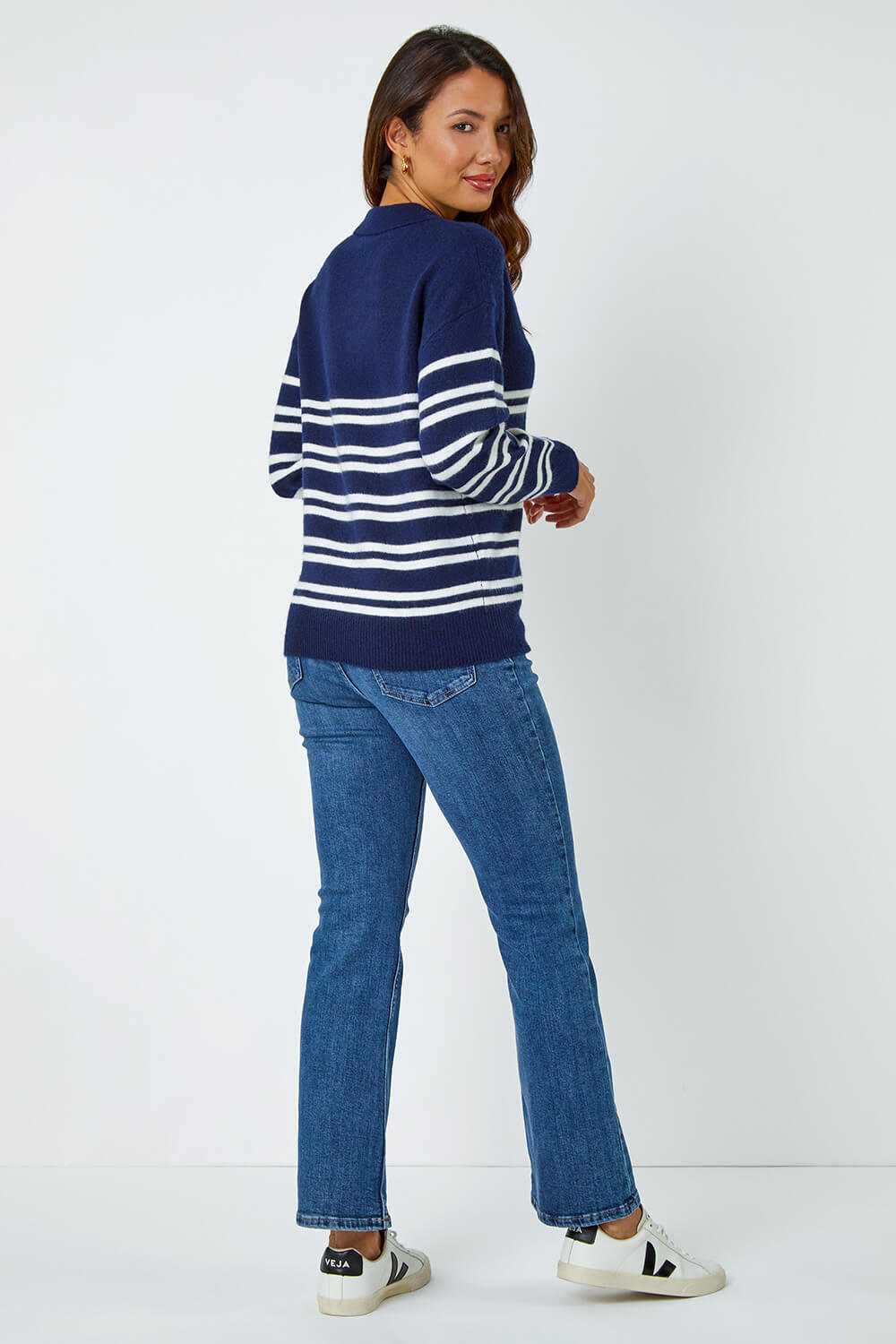 Navy  Stripe Print Collared Stretch Jumper, Image 3 of 5